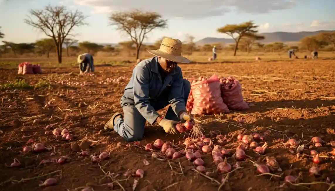 A farmer in a straw hat harvests red onions in a vast, arid field under the warm glow of the setting sun, with sacks of harvested produce nearby.