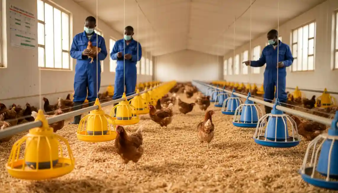 Workers in blue overalls and face masks tend to a flock of brown chickens in a large, modern indoor poultry farm equipped with automatic feeding lines.