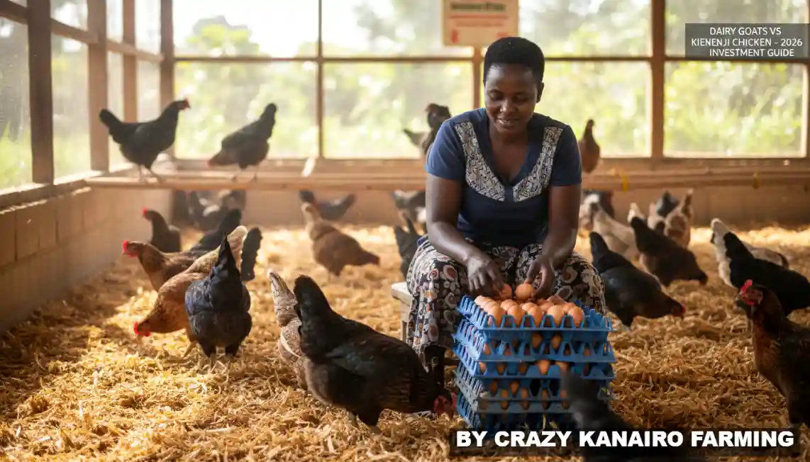 A farmer carefully sorting freshly laid brown eggs into a plastic crate inside a well-lit deep litter coop housing Improved Kienyeji chickens in Machakos County