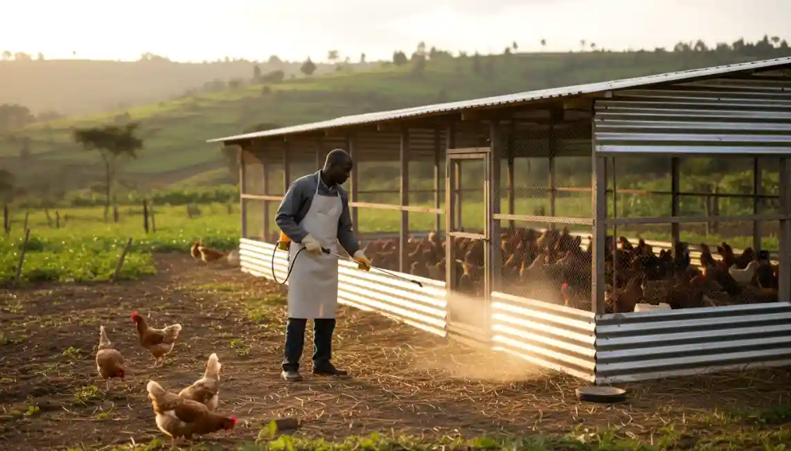 A Kenyan farmer in a clean apron spraying disinfectant around the perimeter of a well-ventilated poultry house
