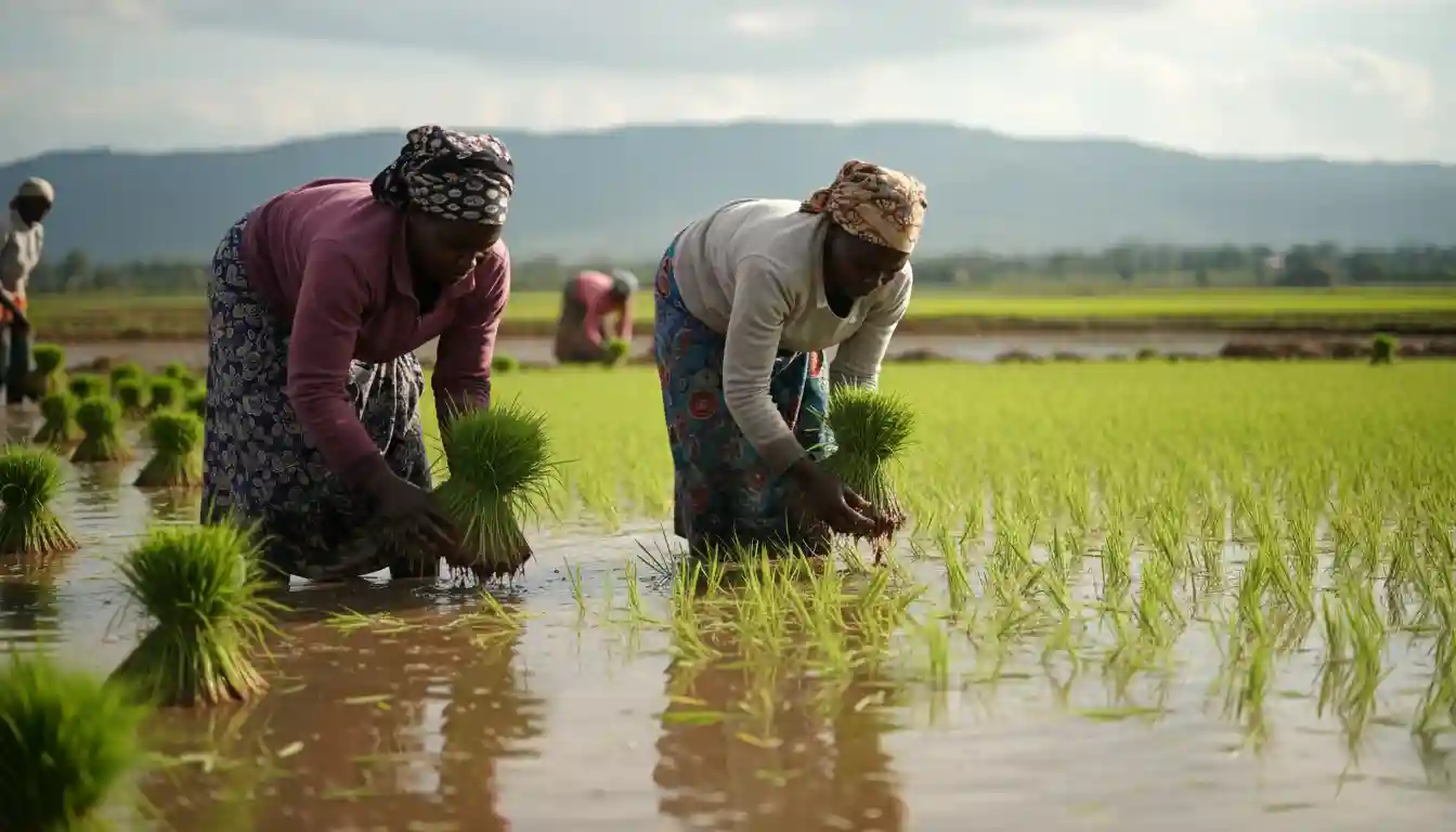 Two women wearing headscarves and colorful clothing bend over to plant rice seedlings in a flooded field 