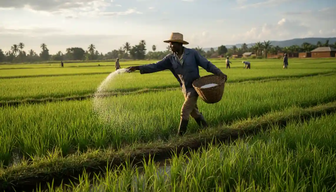 A farmer in a straw hat scatters fertilizer by hand across a lush, green rice paddy field under a golden sky.