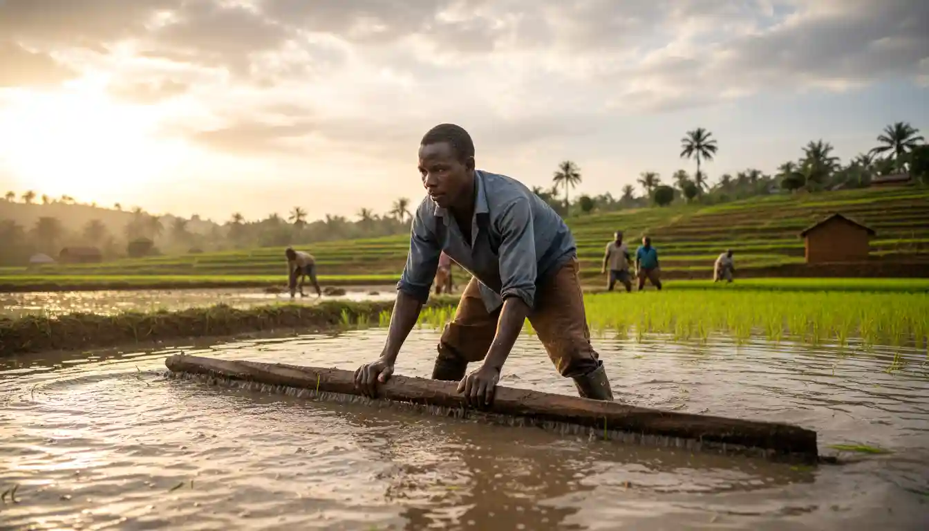 A farmer knee-deep in water manually leveling a flooded field using a wooden plank in Kirinyaga