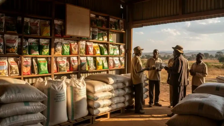 A bustling rural agrovet shop with stacks of subsidized fertilizer and various seed packets displayed on the shelves