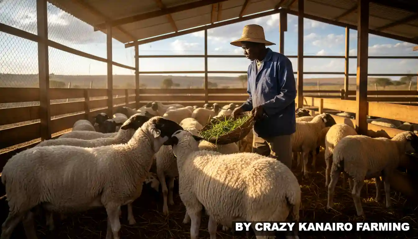 Farmer feeding a flock of purebred Dorper sheep in a well ventilated zero grazing unit