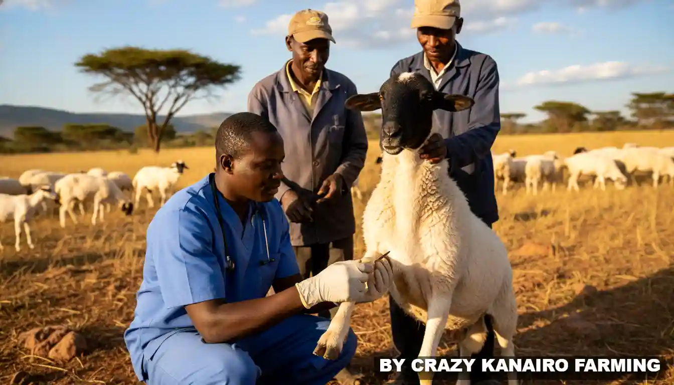 Veterinary officer inspecting the hooves of a large Dorper ram for signs of foot rot