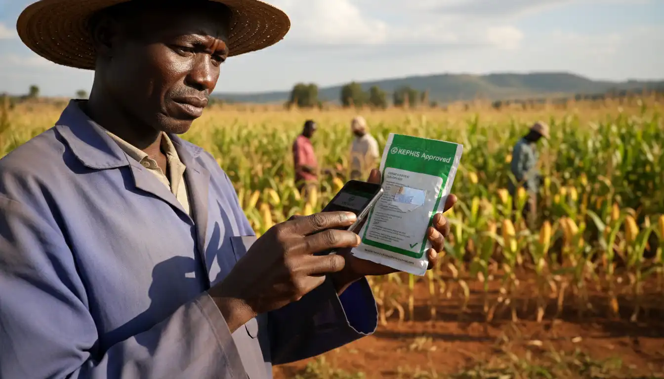 A farmer using a mobile phone to verify the KEPHIS scratch code on a seed packet in Machakos Kenya.