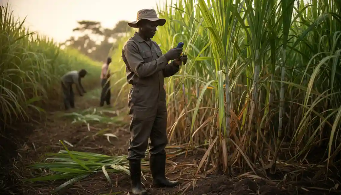 A farmer in a brown jumpsuit and hat uses a handheld device to monitor tall sugarcane crops in a field while other workers are visible in the background.