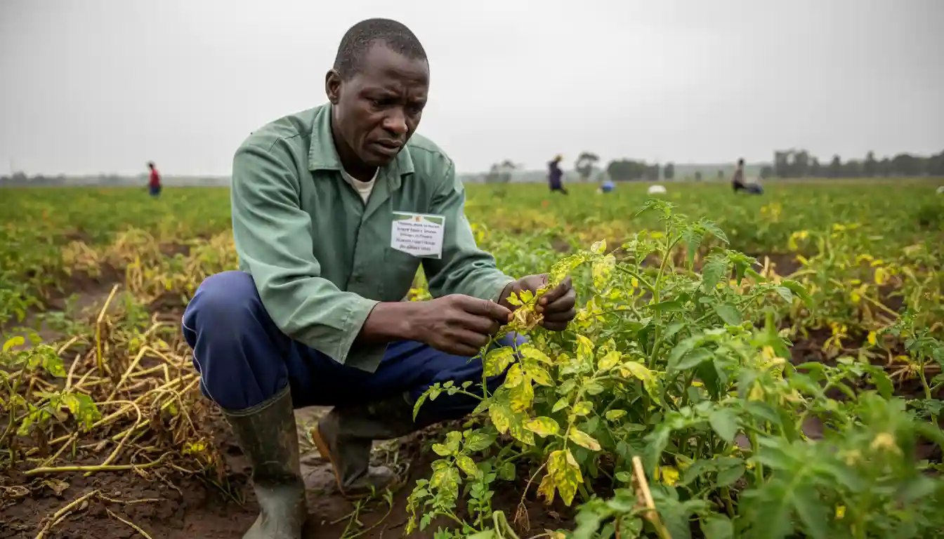 A serious farmer in gumboots closely inspecting yellowing and spotted tomato leaves under overcast skies