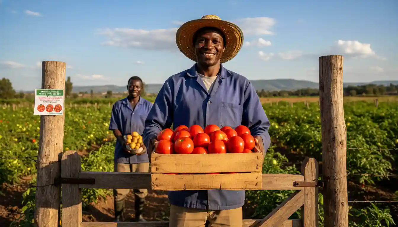 A farmer proudly holding a crate of large healthy bright red harvested tomatoes at the farm gate