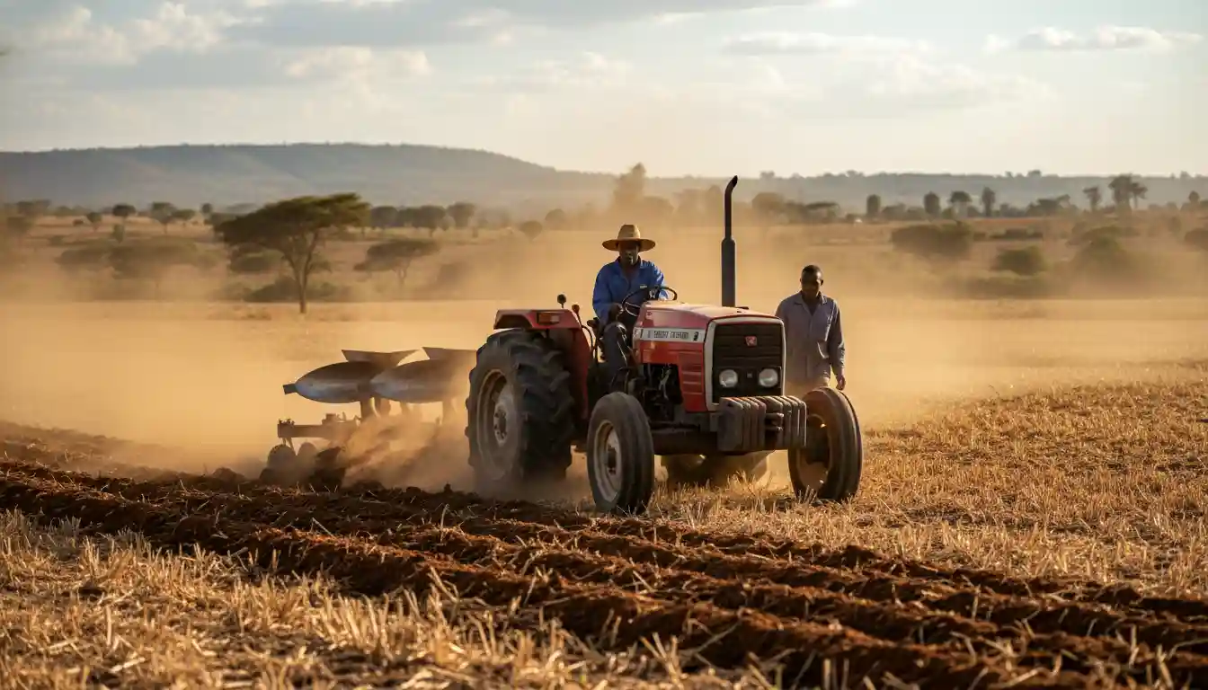 Tractor Prices in Kenya 2026: Best Farm Tractors, Walking Tractors and Small Tractors for Sale 2 A farmer driving a red Massey Ferguson tractor while ploughing a dusty field on a commercial farm in Nakuru County