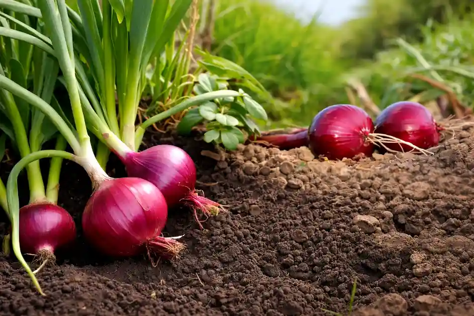 Freshly harvested red onions with green stalks rest on dark, fertile soil in a sunlit field.
