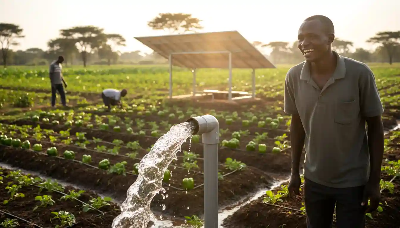 A farmer smiling while inspecting water bursting from a PVC pipe connected to a solar pumping system