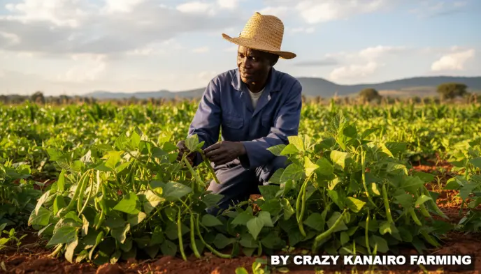 Why Fertilizer Prices Are Rising Again in Kenya (2026) and What Farmers Should Do Now 5 A farmer in a straw hat and blue jumpsuit inspects green bean plants in a sunlit field with mountains in the background.