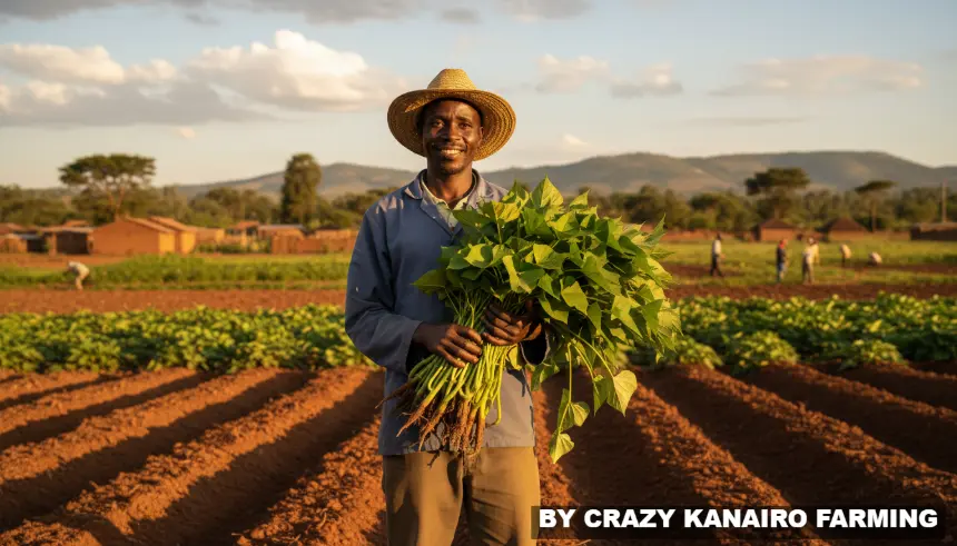 A farmer holding a bundle of healthy green sweet potato vine cuttings ready for planting