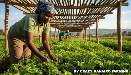 A Kenyan farmer inspecting healthy tomato seedlings in a shaded nursery bed in Nakuru.