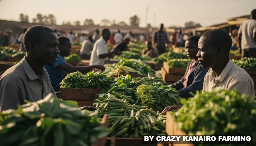 A bustling scene at a wholesale vegetable market with traders actively negotiating over wooden crates of fresh green produce