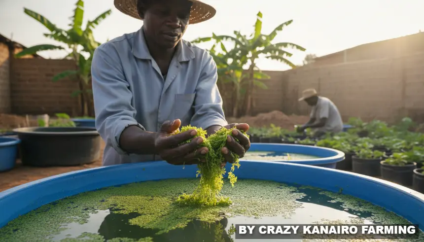 A Kenyan farmer holding a handful of fresh green Azolla above a blue water basin in a sunny backyard.