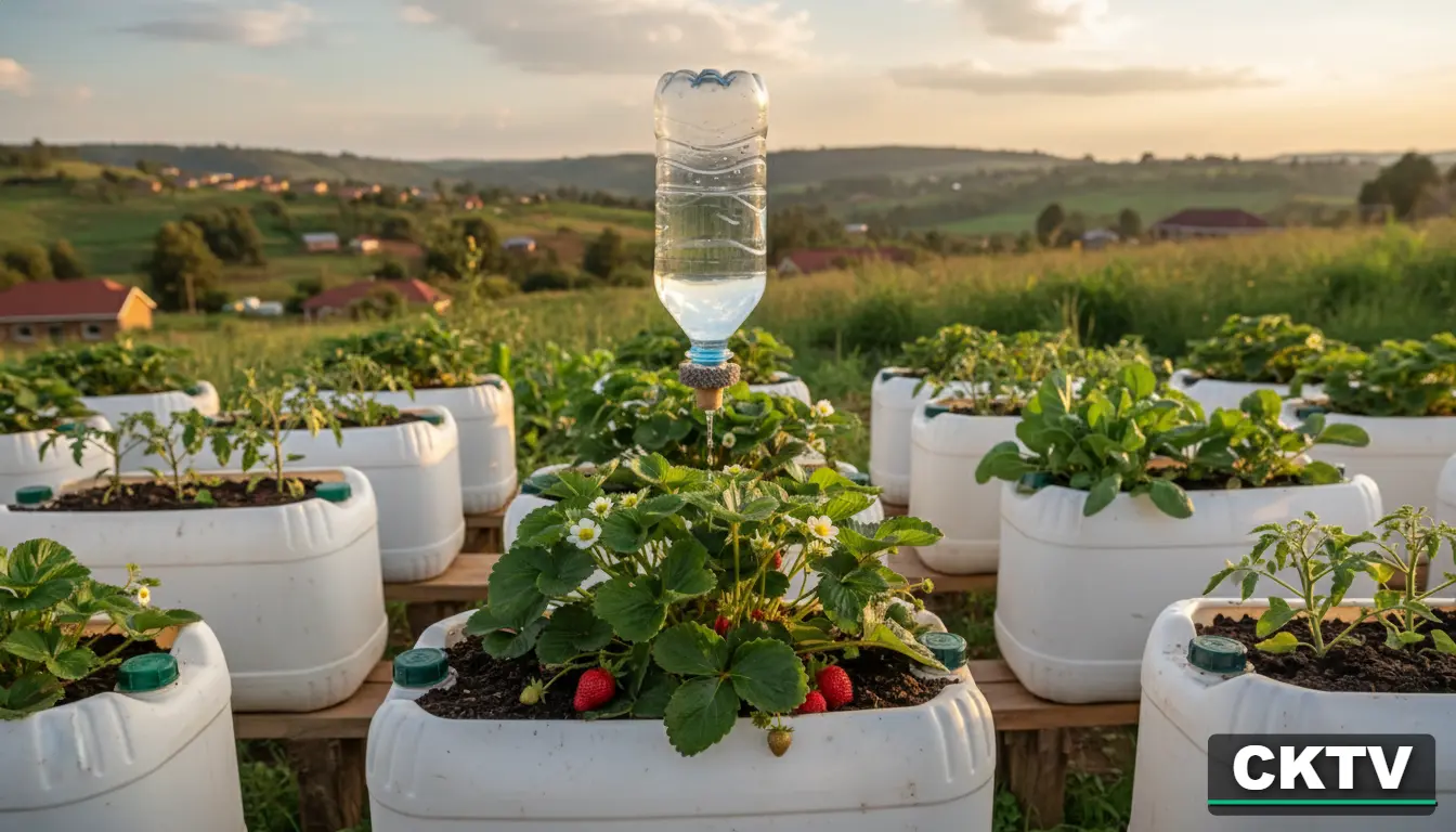 A vegetable garden uses repurposed white plastic containers for planters, with an inverted plastic bottle providing a drip irrigation system for a strawberry plant in the foreground.