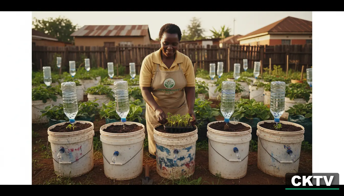 A woman in a tan apron smiles while tending to seedlings in a container garden that utilizes an innovative irrigation system made from recycled plastic bottles and buckets.