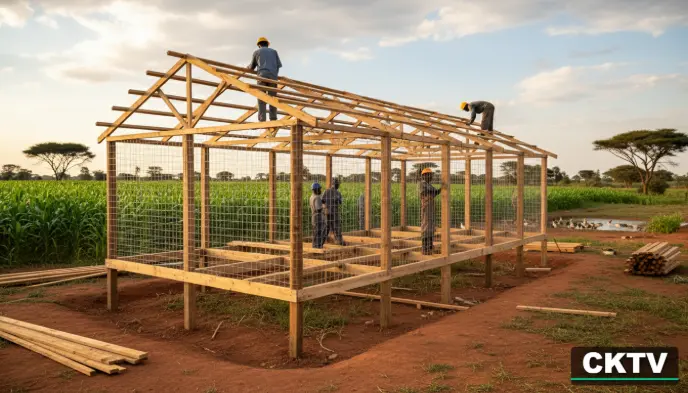Duck Farming in Kenya 2026: Costs, Feeding & Profits guide 6 A modern commercial duck house construction in Kenya showing raised timber floors and wire mesh walls.