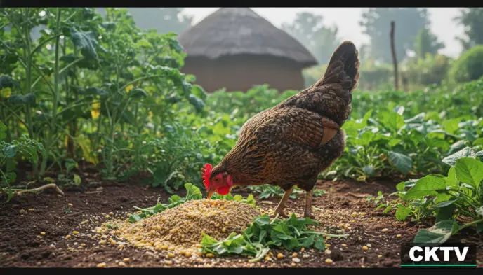 Best Chicken Feed in Kenya 2026 for Fast Growth & Egg Production 8 A close-up cinematic shot of an "Improved Kienyeji" hen in a lush green backyard in Kajiado