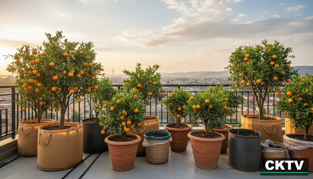 An array of different container types including fabric bags and terracotta pots used for orange farming on a modern balcony in Nakuru