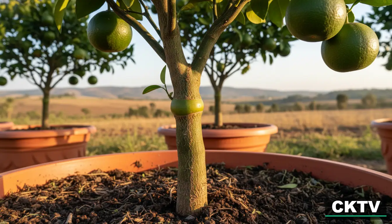 A detailed view of a healthy graft union on a dwarf citrus tree