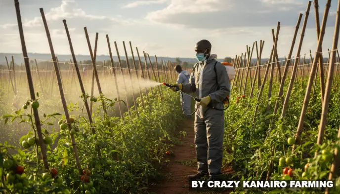 A farm worker carefully completely spraying highly protective pesticides precisely directly on a very tall securely staked green tomato crop directly in Eldoret.