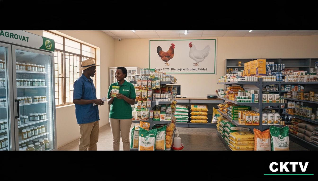 Inside an agricultural supply store, a woman in a green polo shirt shows a product to a man in a straw hat, surrounded by shelves of farming supplies and a large poultry poster.