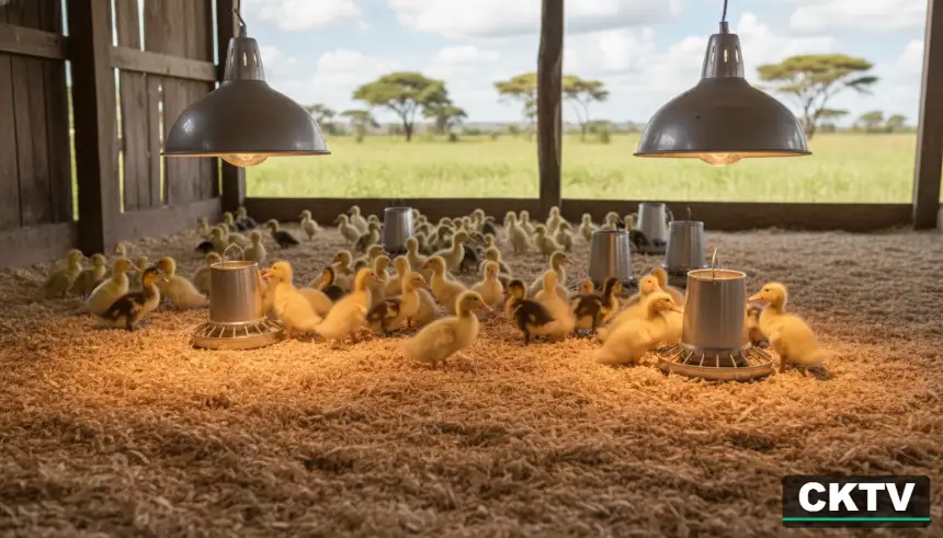 Duck Farming in Kenya 2026: Costs, Feeding & Profits guide 7 Ducklings in a clean brooder with heat lamps and wood shavings bedding on a Kenyan farm.