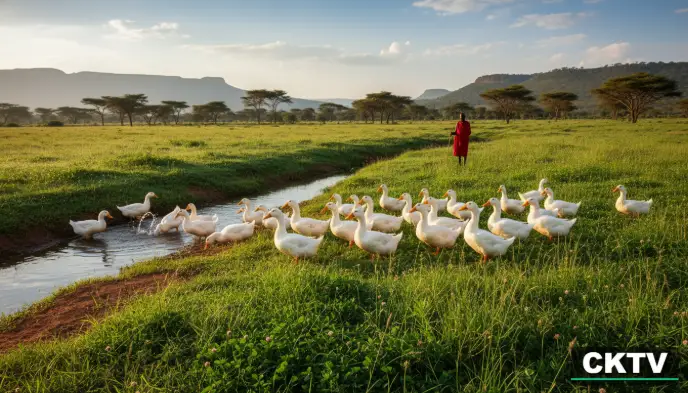 Duck Farming in Kenya 2026: Costs, Feeding & Profits guide 2 A flock of white Pekin ducks grazing in a green pasture near a water source in Kenya.
