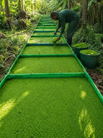 A man in a green jumpsuit harvests bright green Azolla from a long row of cultivation troughs into buckets in a lush outdoor setting.