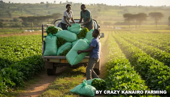 A farm worker loading large green sacks of freshly harvested spinach onto a waiting pickup truck