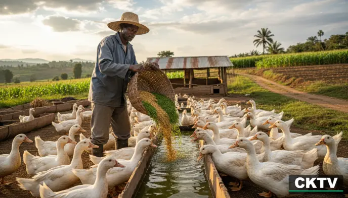 Duck Farming in Kenya 2026: Costs, Feeding & Profits guide 3 A Kenyan farmer pouring locally formulated feed mixed with green Azolla into long wooden troughs for a group of eager Muscovy ducks