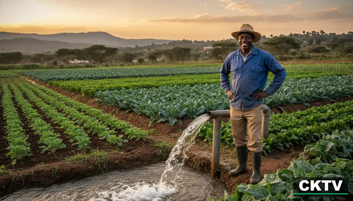 A successful Kenyan farmer standing proudly next to a bubbling water outlet from a new borehole