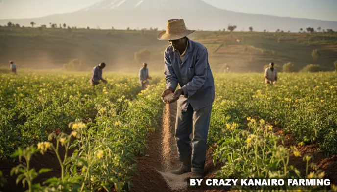 A farmer carefully top-dressing flowering tomato plants with granular fertilizer in Kirinyaga.