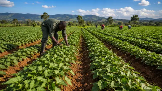 Several farmers tend to long rows of Sweet Potato in a sprawling agricultural field with mountains in the background under a blue sky.