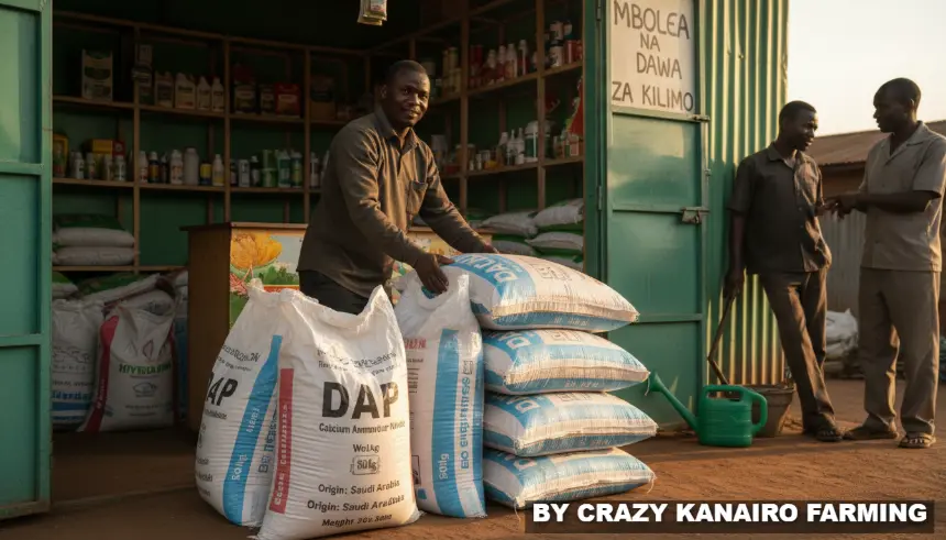 Why Fertilizer Prices Are Rising Again in Kenya (2026) and What Farmers Should Do Now 2 An African man smiles while posing next to stacked sacks of DAP fertilizer in an agricultural supply store.