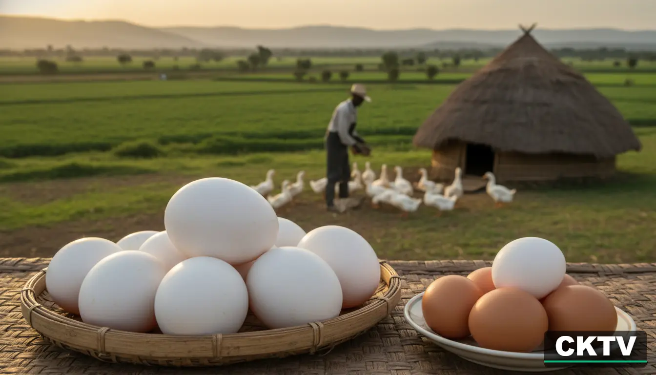 Duck Farming in Kenya 2026: Costs, Feeding & Profits guide 9 A close-up of fresh white and brown eggs in a basket and plate, with a farmer and a flock of ducks near a thatched-roof hut in the background.
