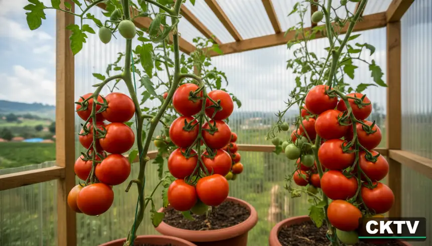 A close-up cinematic shot of vibrant F1 hybrid tomato clusters hanging from a vine in a greenhouse-style balcony garden