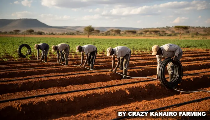 Farm workers installing black drip irrigation pipes on raised soil beds in Kajiado.