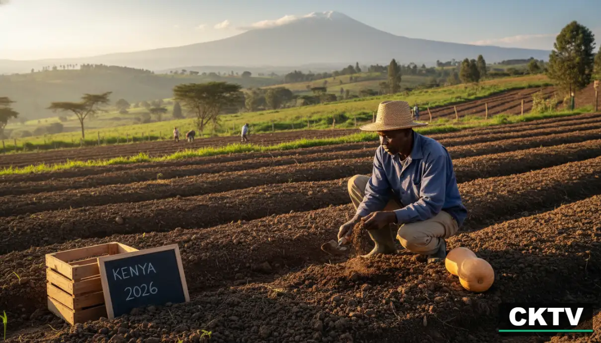 A farmer inspecting the soil quality of a freshly prepared raised bed for butternut planting in Kirinyaga