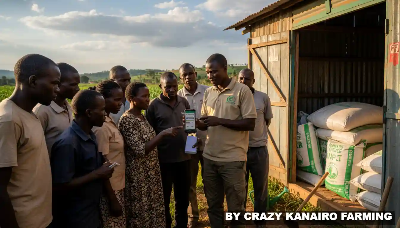An agricultural extension officer actively demonstrating the use of a KIAMIS e-voucher on a smartphone outside a rural fertilizer depot