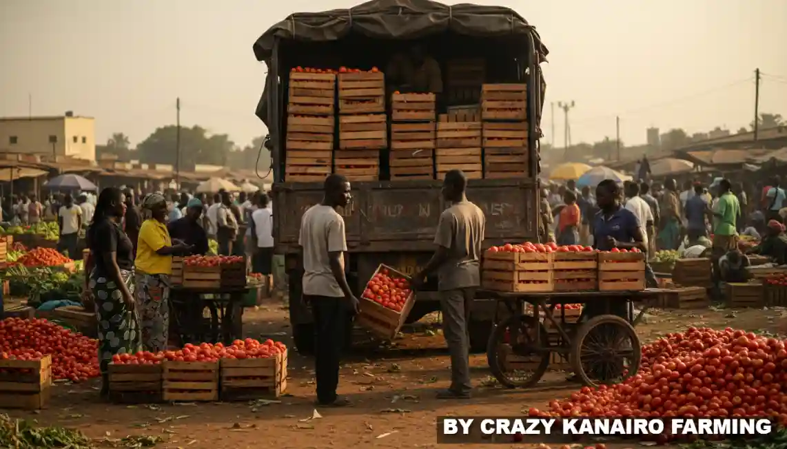 A bustling scene of traders offloading wooden crates of tomatoes from a transport lorry