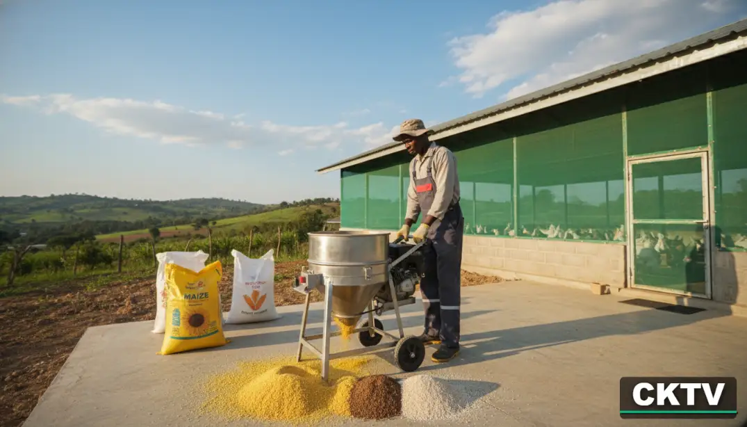 Best Chicken Feed in Kenya 2026 for Fast Growth & Egg Production 5 A Kenyan farmer in Eldoret using a motorized feed mixer to combine crushed maize