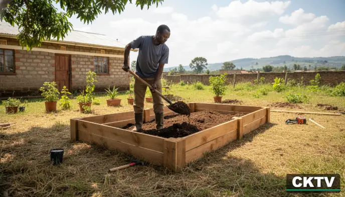 A wide-angle shot of a Kenyan man constructing a wooden raised bed in a small backyard