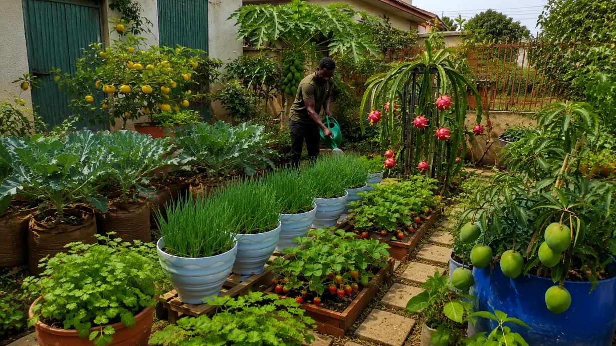 A man waters plants in a vibrant urban backyard garden. The garden features potted leafy greens, spring onions, strawberries, citrus trees, papaya, dragonfruit, and mangoes. Raised beds and pots are arranged neatly along stone pathways