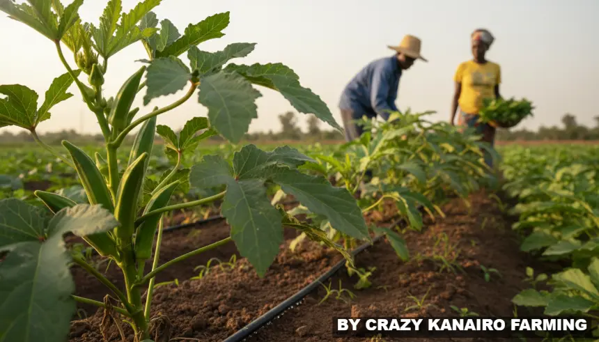 Close up shot of green okra pods growing on a healthy plant with a black drip irrigation line visible on the soil