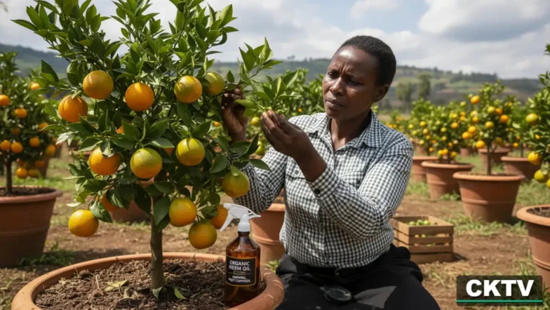 A farmer inspecting the leaves of a dwarf orange tree for pests